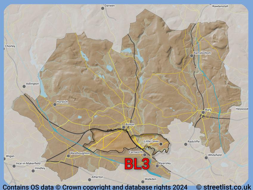 Where the BL3 postcode district lies within the wider  postcode area