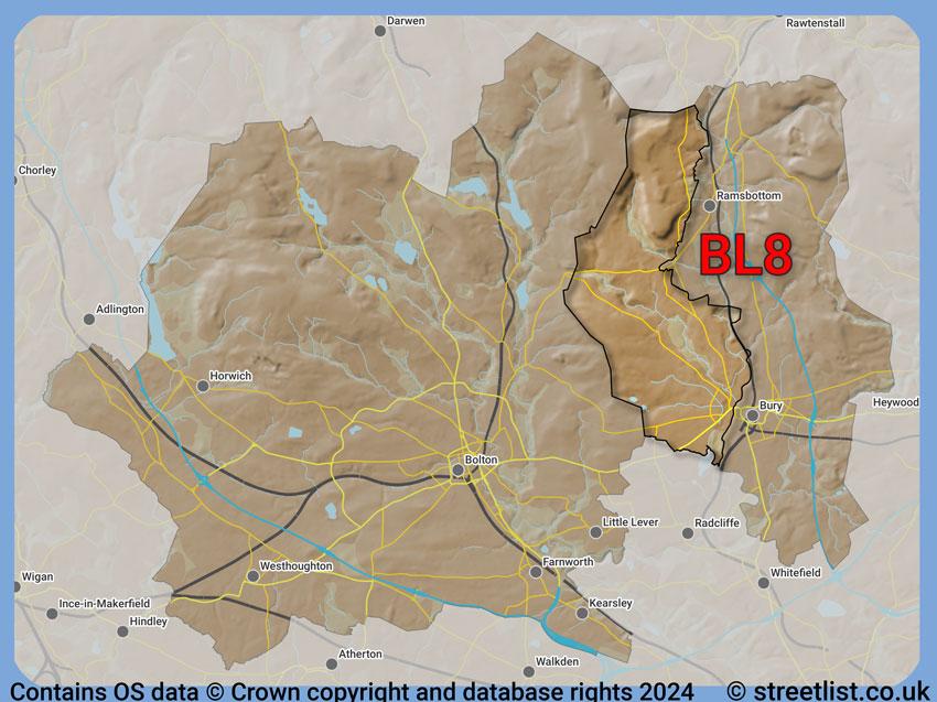 Where the BL8 postcode district lies within the wider  postcode area