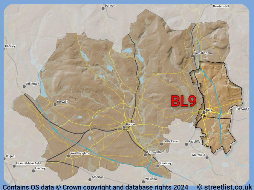 Where the BL9 postcode district lies within the wider  postcode area