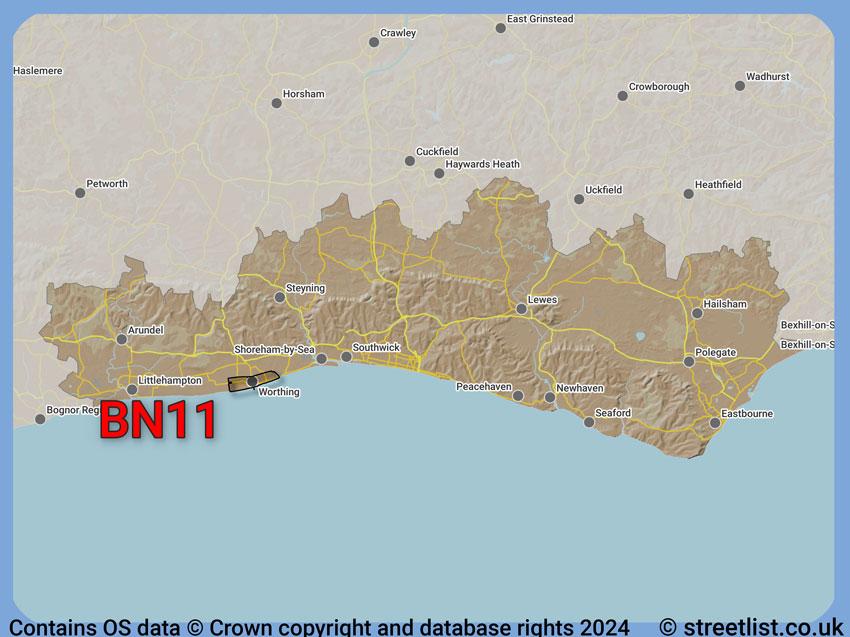 Where the BN11 postcode district lies within the wider  postcode area