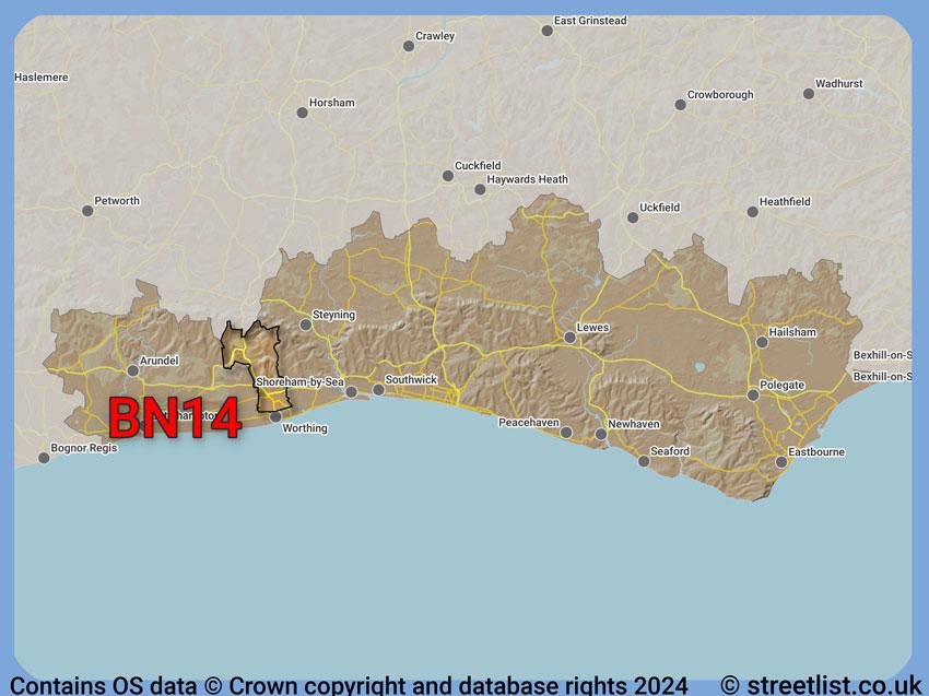 Where the BN14 postcode district lies within the wider  postcode area