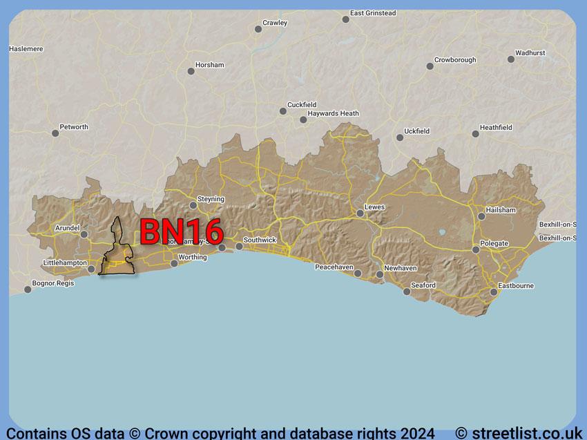 Where the BN16 postcode district lies within the wider  postcode area