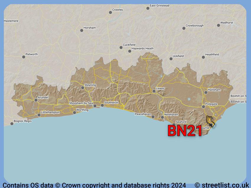 Where the BN21 postcode district lies within the wider  postcode area