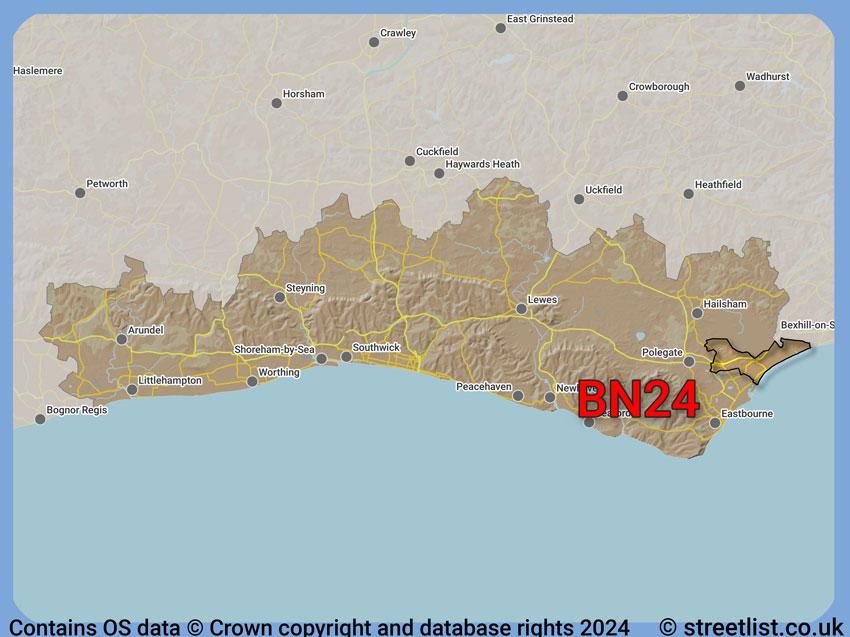 Where the BN24 postcode district lies within the wider  postcode area