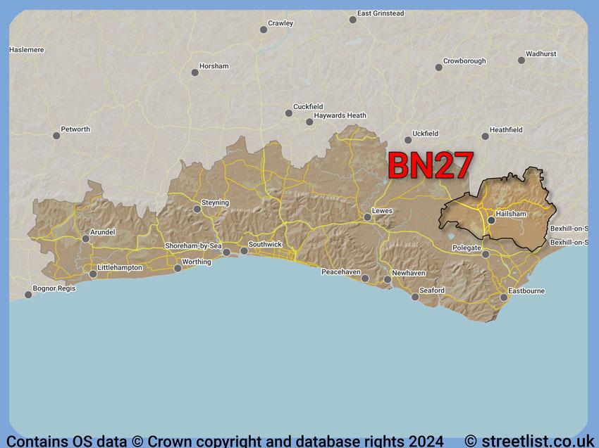 Where the BN27 postcode district lies within the wider  postcode area