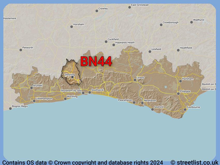 Where the BN44 postcode district lies within the wider  postcode area