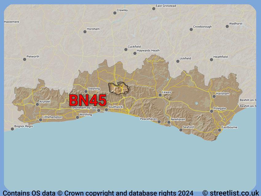 Where the BN45 postcode district lies within the wider  postcode area