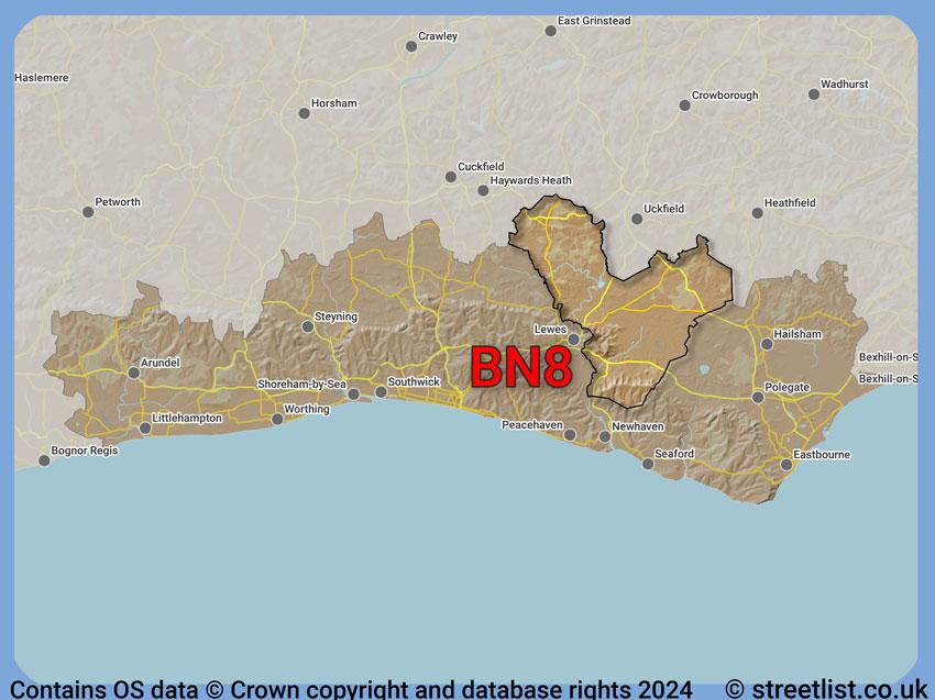 Where the BN8 postcode district lies within the wider  postcode area