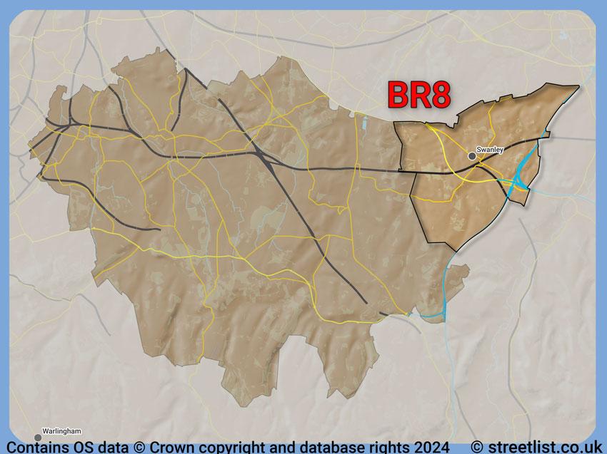 Where the BR8 postcode district lies within the wider  postcode area