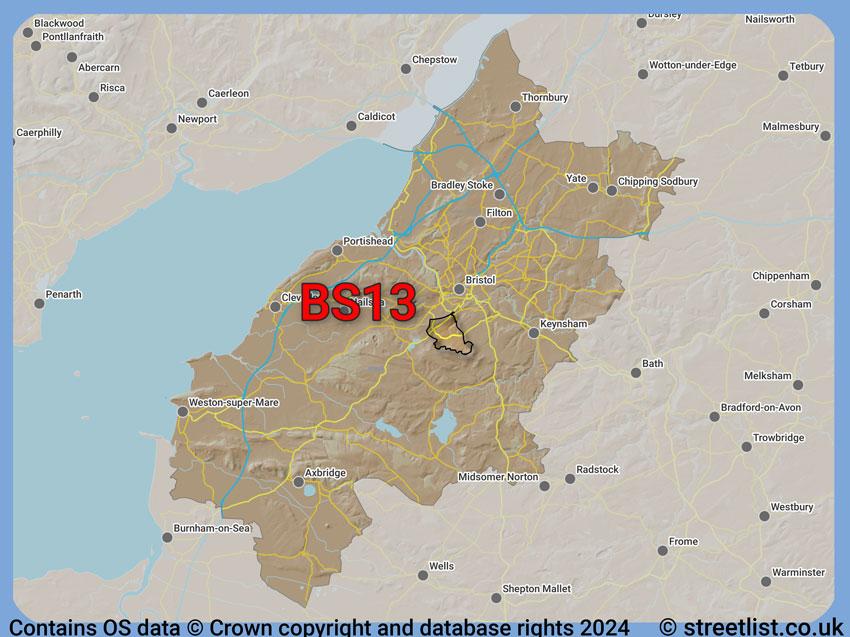 Where the BS13 postcode district lies within the wider  postcode area