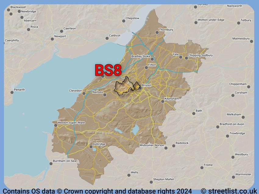 Where the BS8 postcode district lies within the wider  postcode area