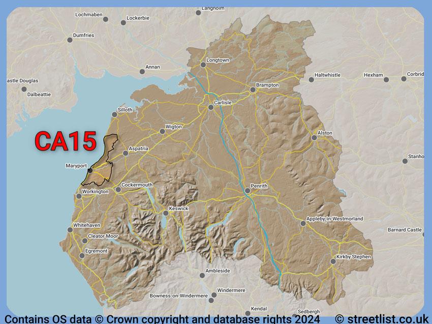 Where the CA15 postcode district lies within the wider  postcode area