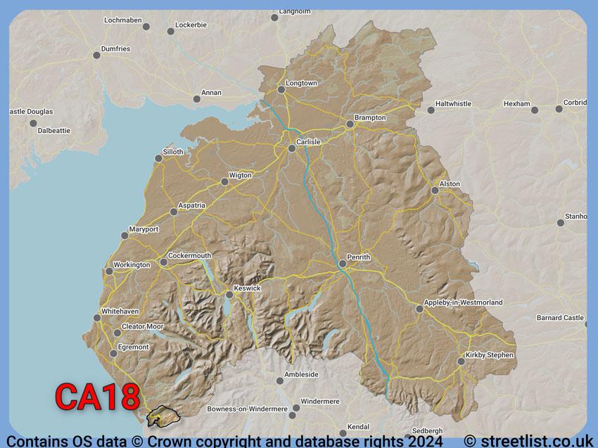 Where the CA18 postcode district lies within the wider  postcode area