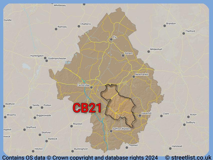 Where the CB21 postcode district lies within the wider  postcode area