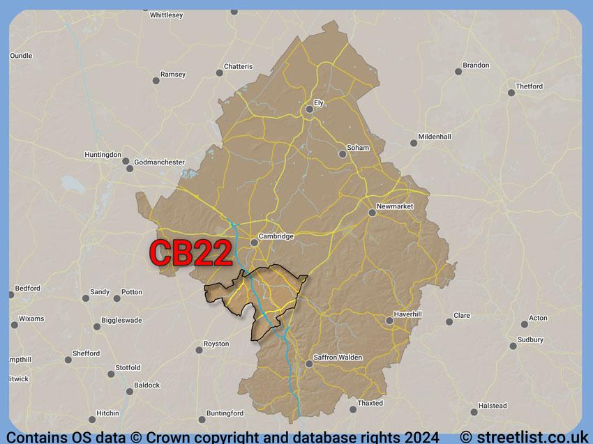 Where the CB22 postcode district lies within the wider  postcode area