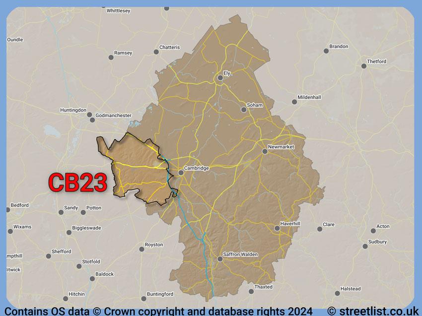 Where the CB23 postcode district lies within the wider  postcode area