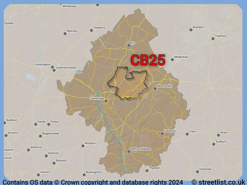 Where the CB25 postcode district lies within the wider  postcode area