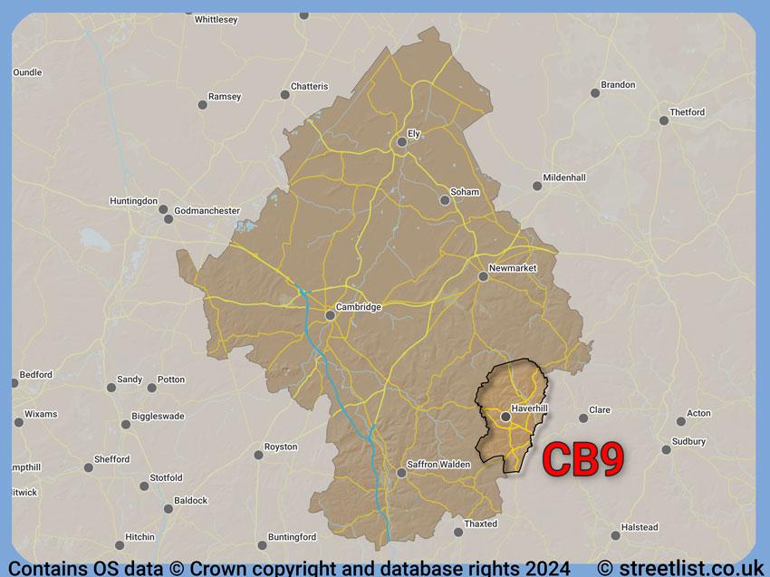 Where the CB9 postcode district lies within the wider  postcode area