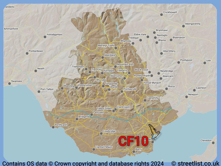 Where the CF10 postcode district lies within the wider  postcode area