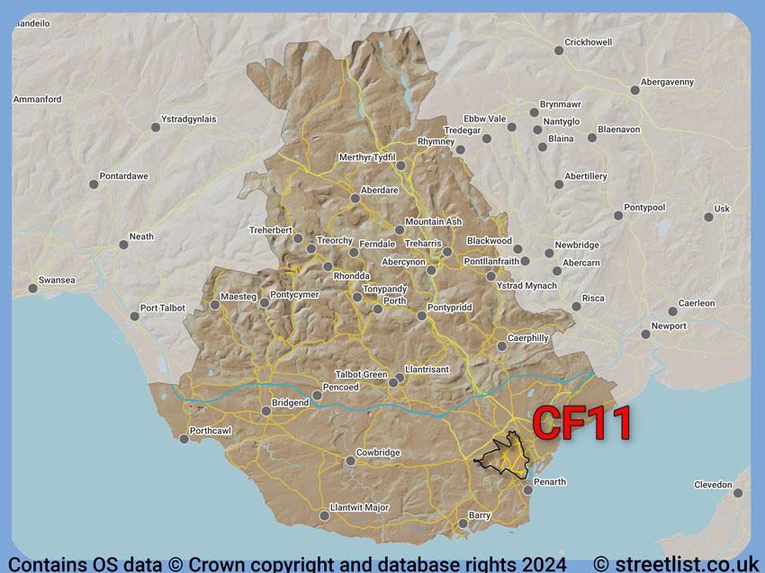 Where the CF11 postcode district lies within the wider  postcode area