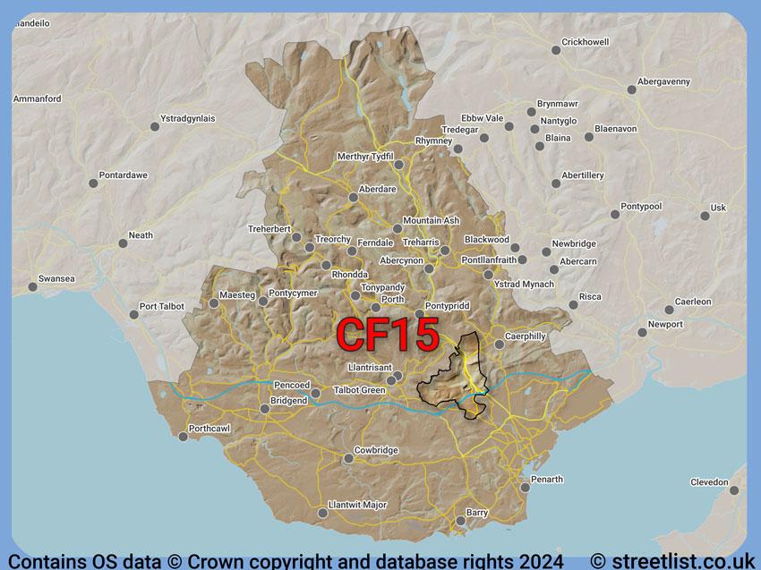 Where the CF15 postcode district lies within the wider  postcode area