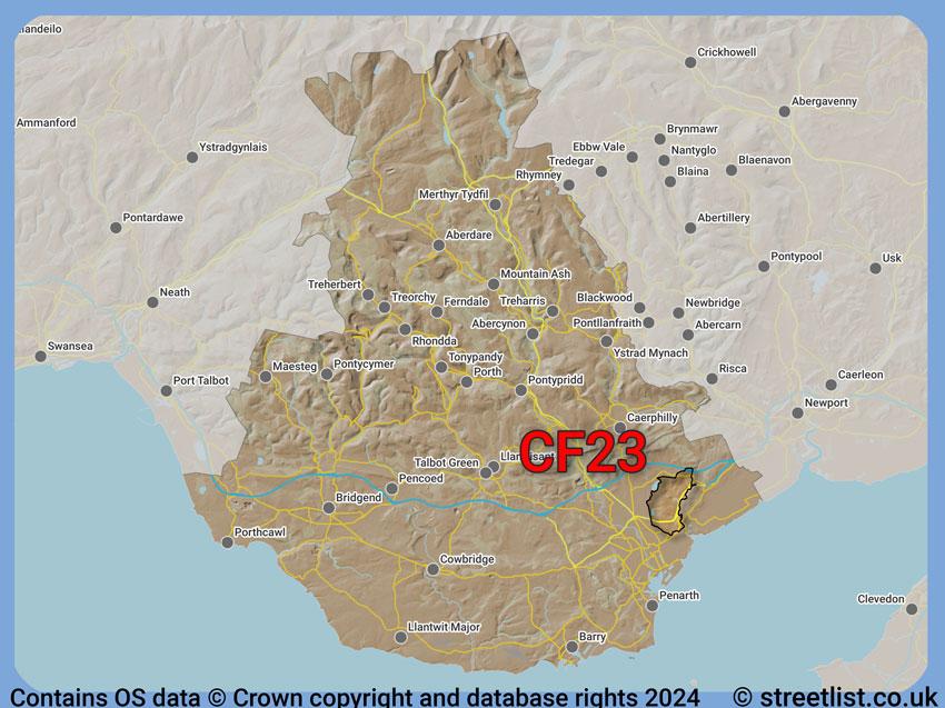 Where the CF23 postcode district lies within the wider  postcode area