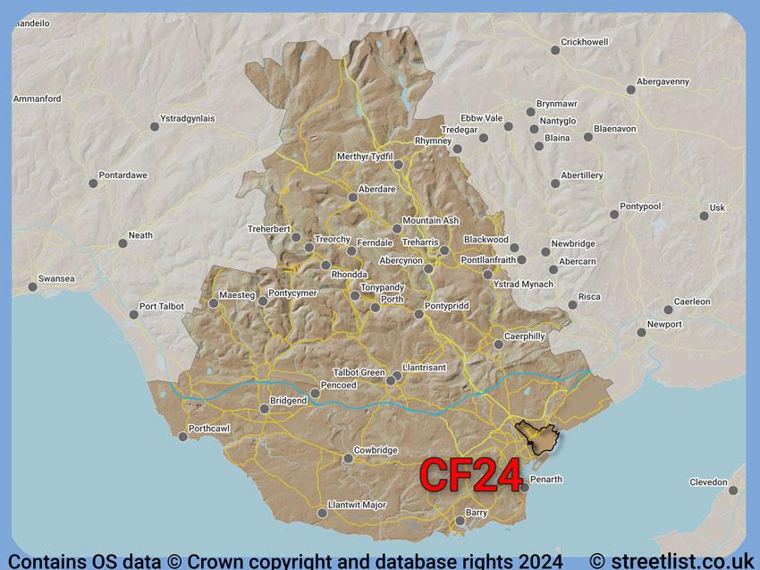 Where the CF24 postcode district lies within the wider  postcode area