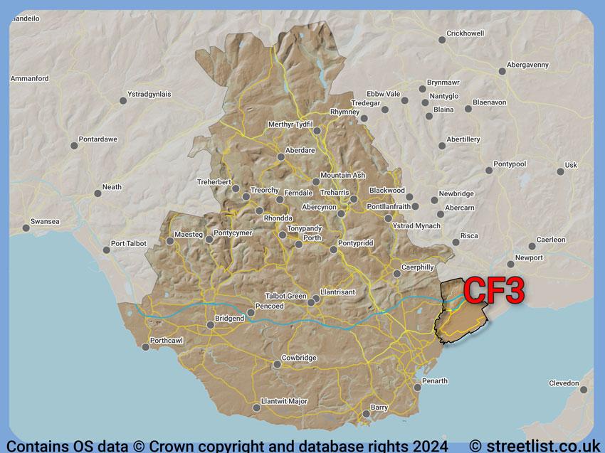 Where the CF3 postcode district lies within the wider  postcode area