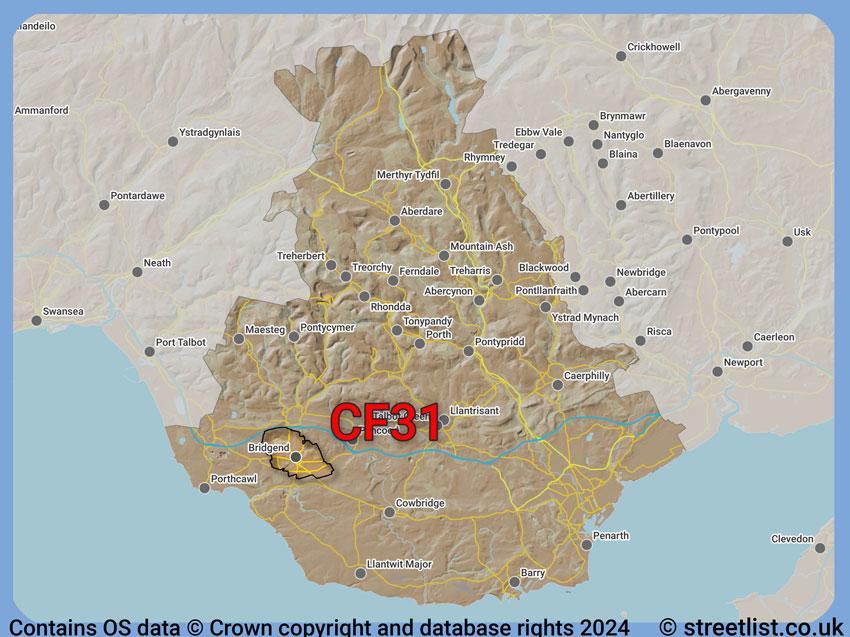 Where the CF31 postcode district lies within the wider  postcode area