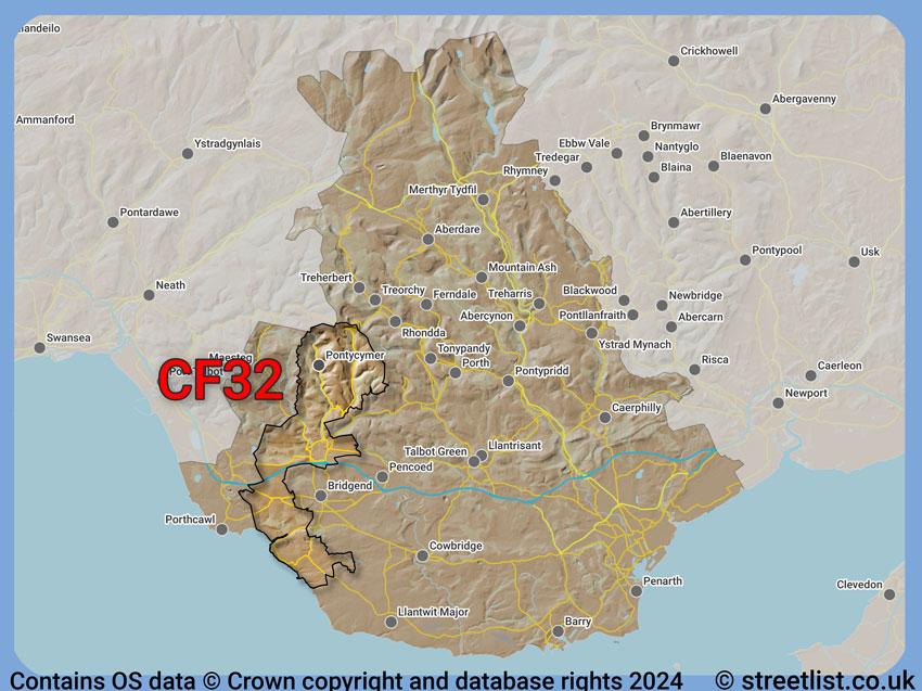 Where the CF32 postcode district lies within the wider  postcode area