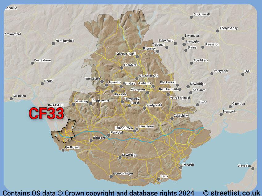 Where the CF33 postcode district lies within the wider  postcode area