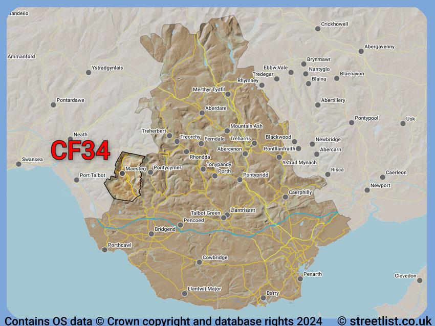 Where the CF34 postcode district lies within the wider  postcode area