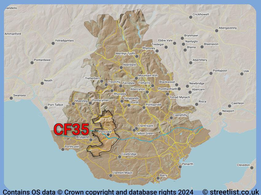 Where the CF35 postcode district lies within the wider  postcode area