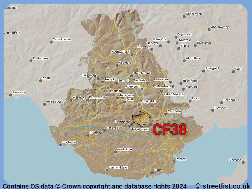 Where the CF38 postcode district lies within the wider  postcode area