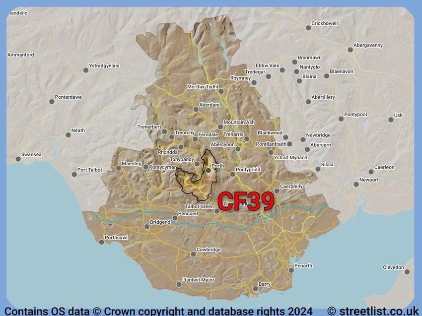 Where the CF39 postcode district lies within the wider  postcode area