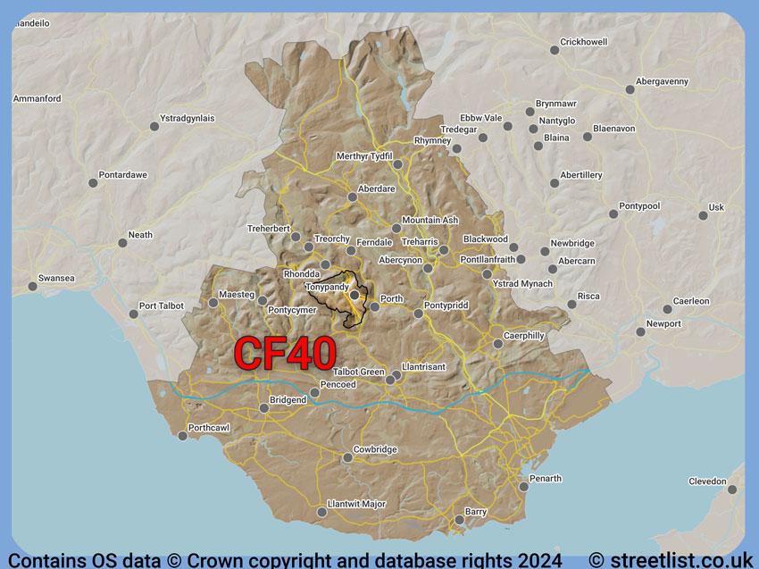 Where the CF40 postcode district lies within the wider  postcode area