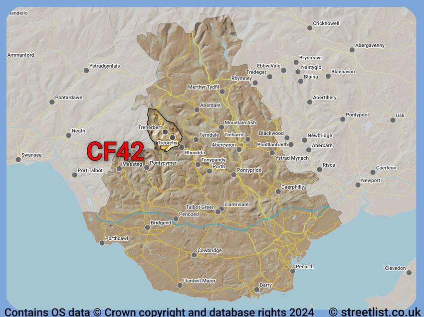 Where the CF42 postcode district lies within the wider  postcode area