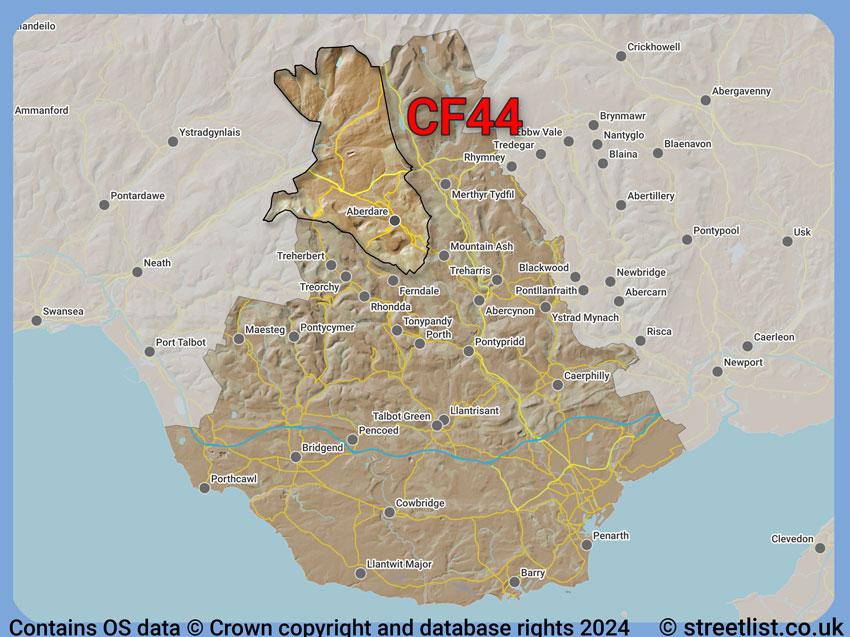 Where the CF44 postcode district lies within the wider  postcode area