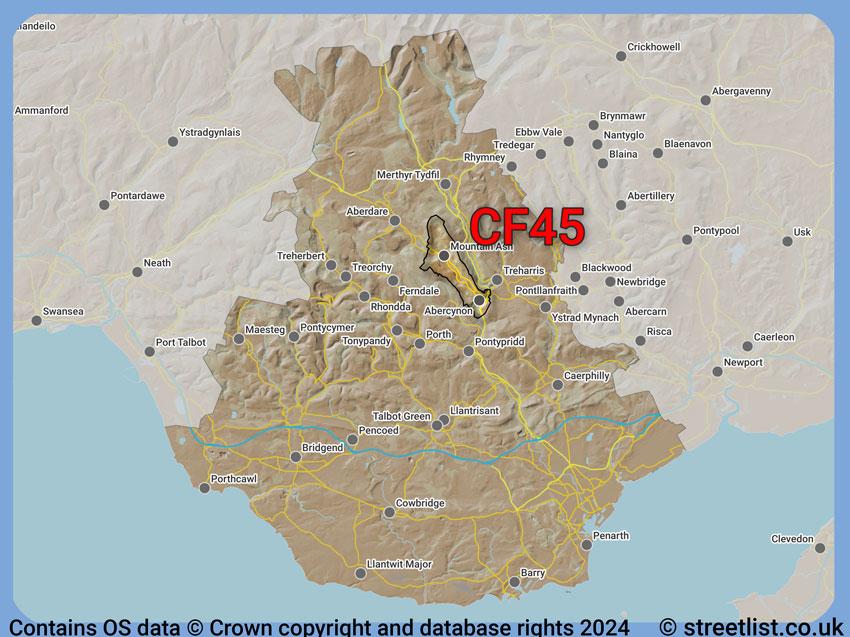 Where the CF45 postcode district lies within the wider  postcode area