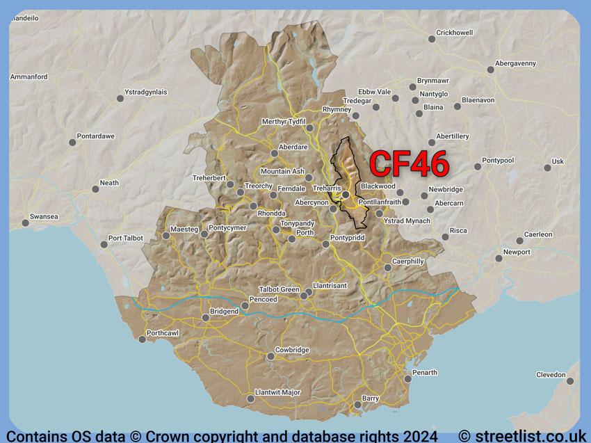 Where the CF46 postcode district lies within the wider  postcode area