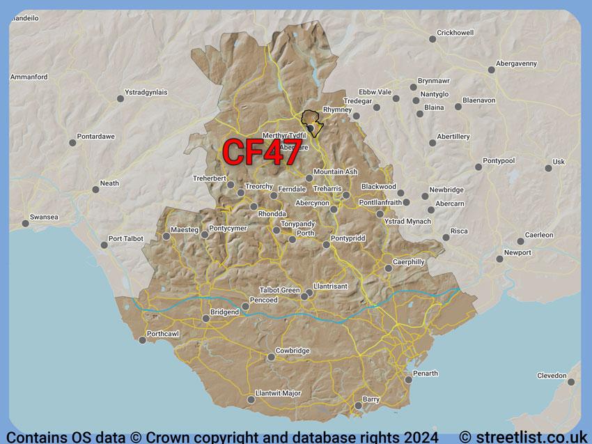 Where the CF47 postcode district lies within the wider  postcode area