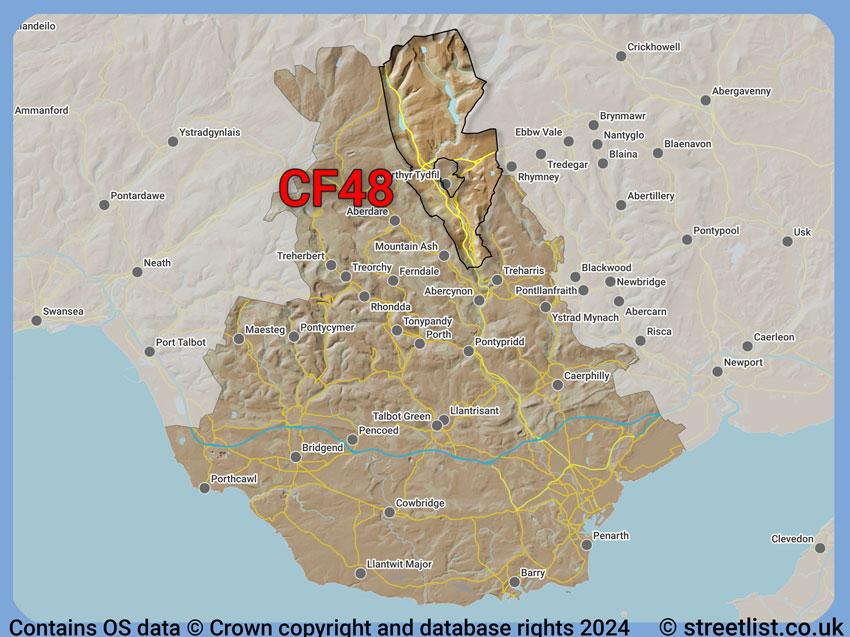 Where the CF48 postcode district lies within the wider  postcode area