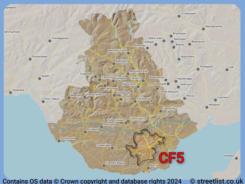 Where the CF5 postcode district lies within the wider  postcode area