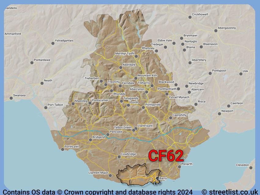 Where the CF62 postcode district lies within the wider  postcode area