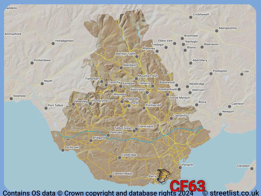 Where the CF63 postcode district lies within the wider  postcode area