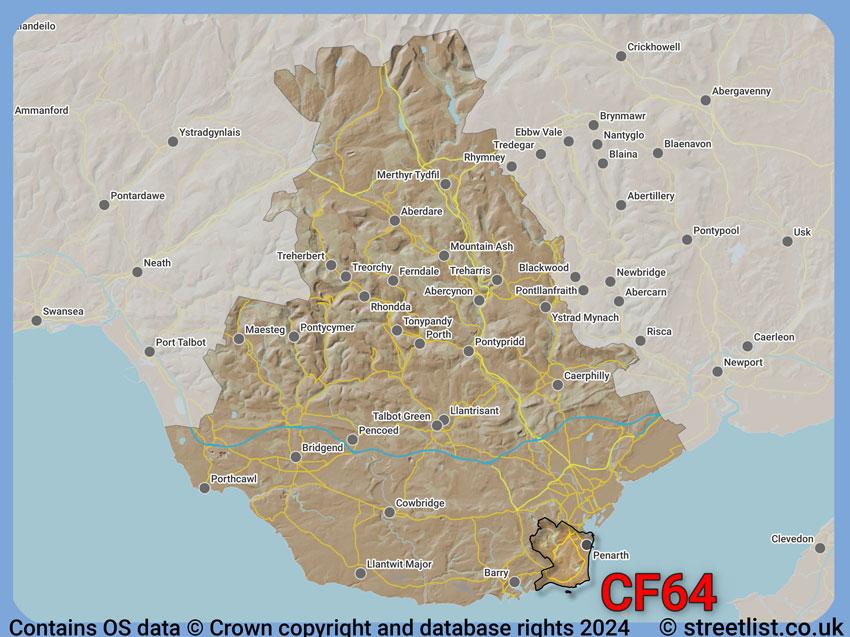 Where the CF64 postcode district lies within the wider  postcode area