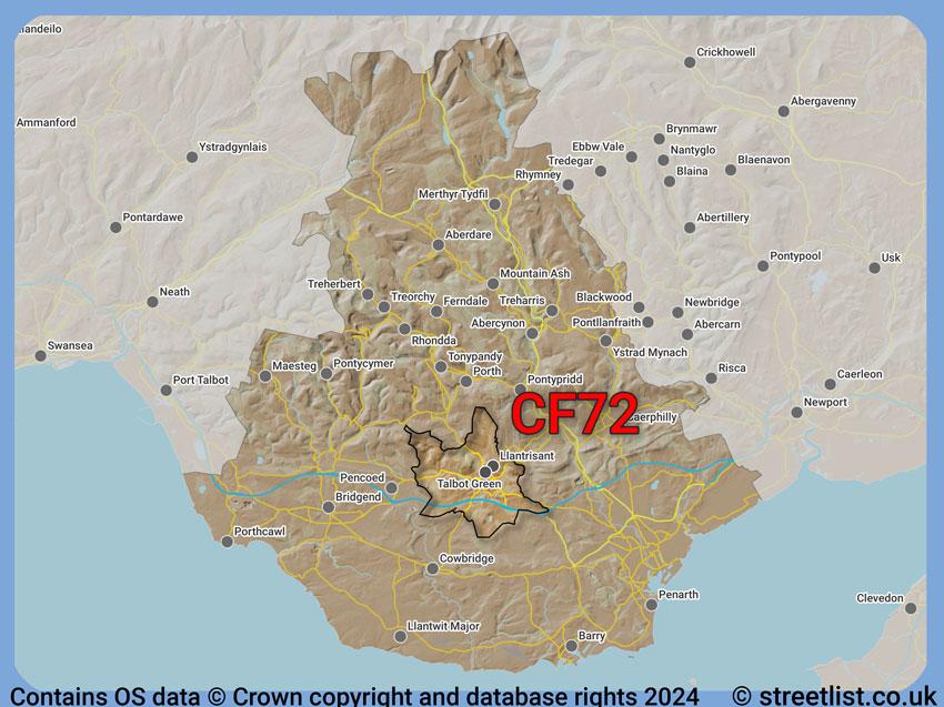 Where the CF72 postcode district lies within the wider  postcode area