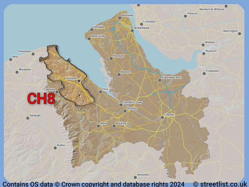 Where the CH8 postcode district lies within the wider  postcode area