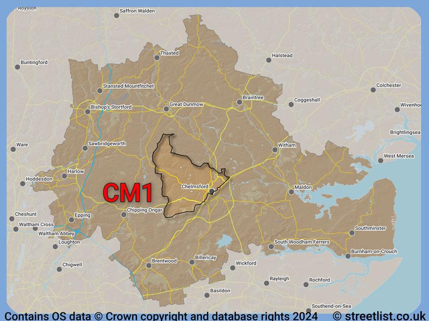 Where the CM1 postcode district lies within the wider  postcode area