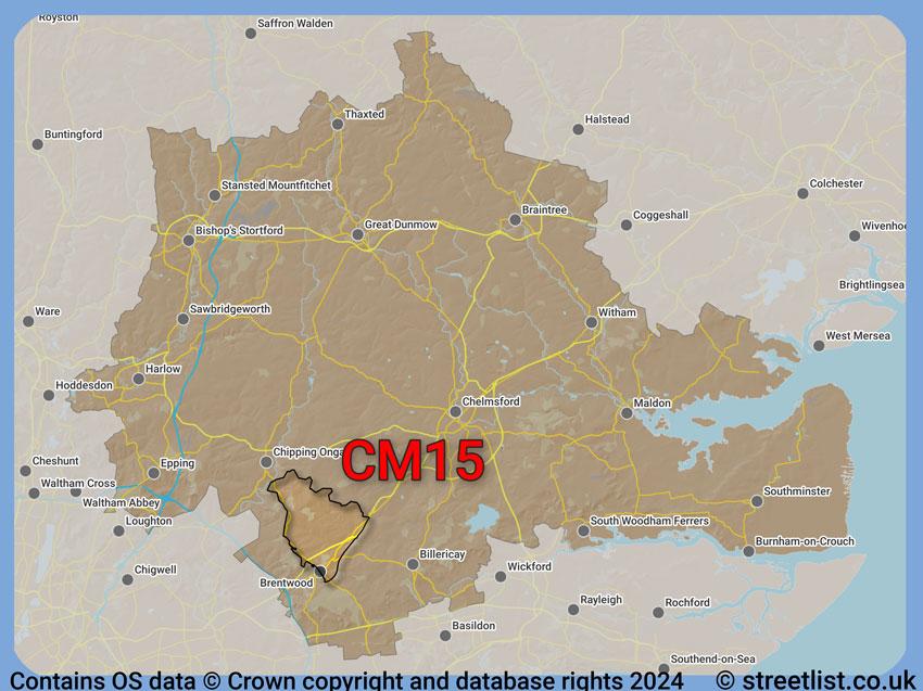 Where the CM15 postcode district lies within the wider  postcode area